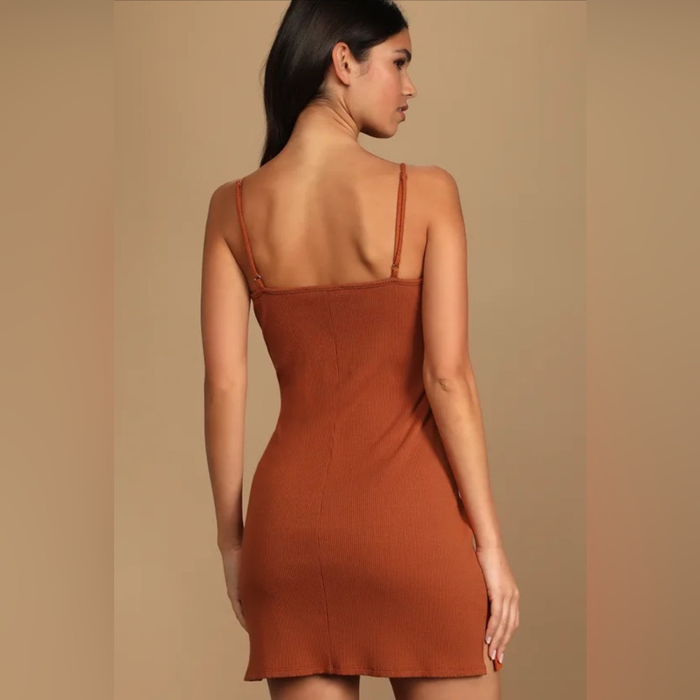 Lulus Basic Behavior Rust Orange Ribbed Bodycon Mini Dress - Size M - Picture 3 of 3